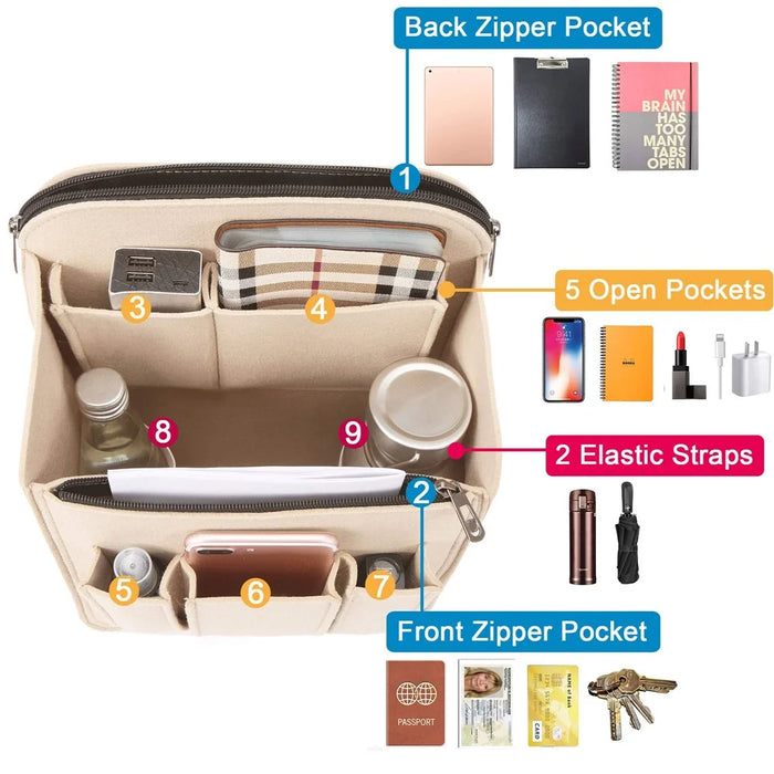 28 x 13.5 x 35.5cm Size L Multi Compartment Felt Backpack Organizer Insert Vertical Bag Organizer - Beige - 3