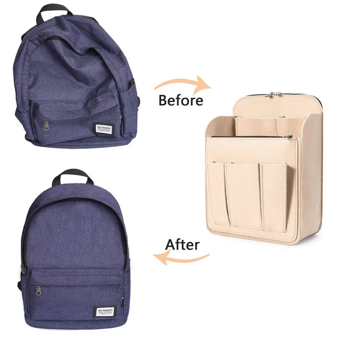 28 x 13.5 x 35.5cm Size L Multi Compartment Felt Backpack Organizer Insert Vertical Bag Organizer - Beige - 6