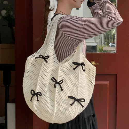 Lazy Vintage Knit Bag Bow Crochet Large Capacity Daily Shoulder Tote Bag - Apricot - 1