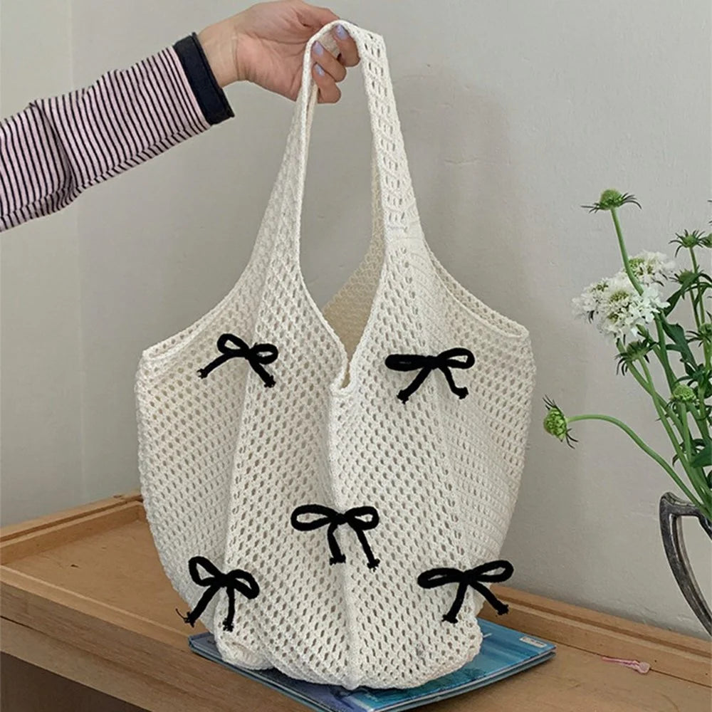 Lazy Vintage Knit Bag Bow Crochet Large Capacity Daily Shoulder Tote Bag - Apricot - 2