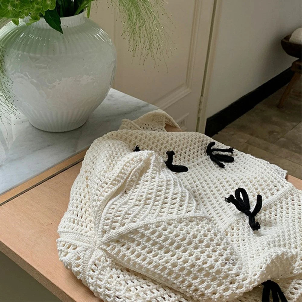 Lazy Vintage Knit Bag Bow Crochet Large Capacity Daily Shoulder Tote Bag - Apricot - 4