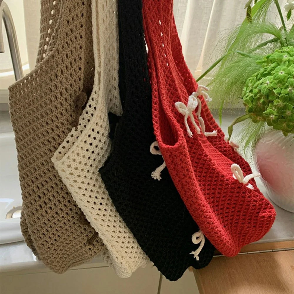Lazy Vintage Knit Bag Bow Crochet Large Capacity Daily Shoulder Tote Bag - Apricot - 5