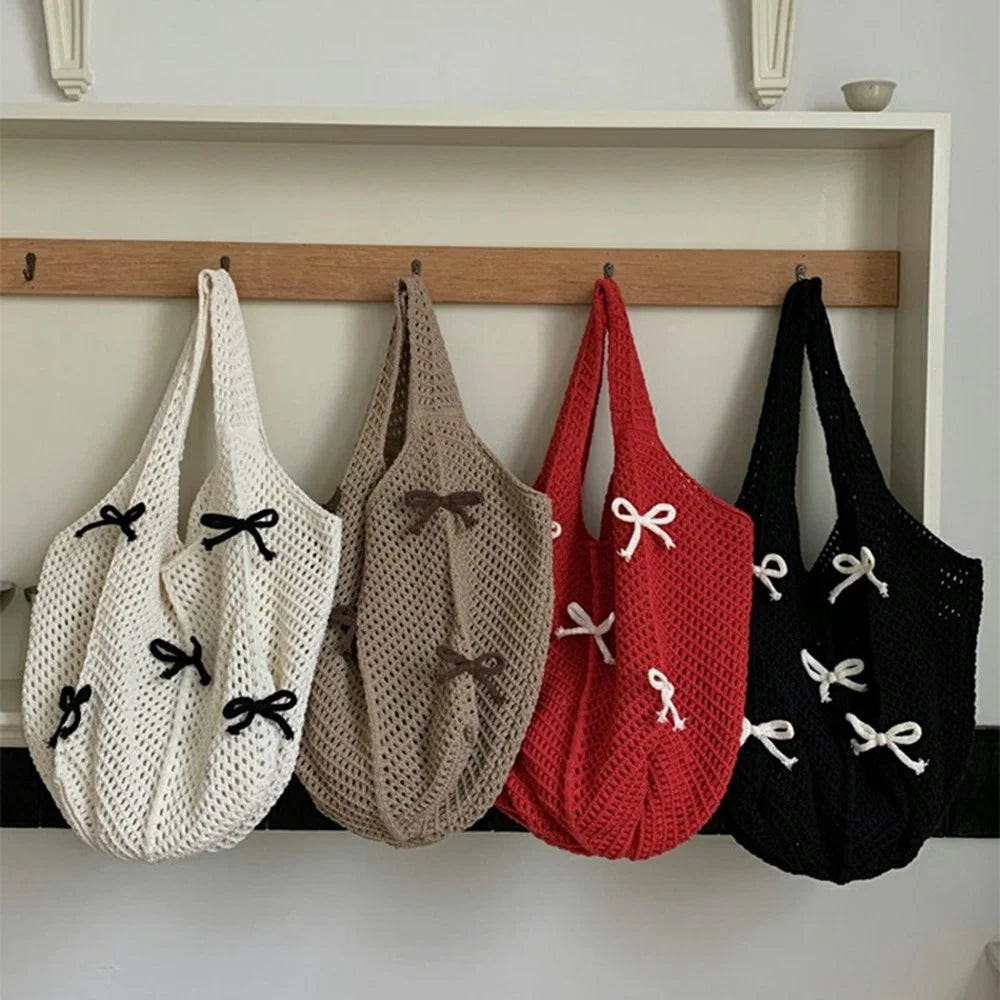 Lazy Vintage Knit Bag Bow Crochet Large Capacity Daily Shoulder Tote Bag - Apricot - 6