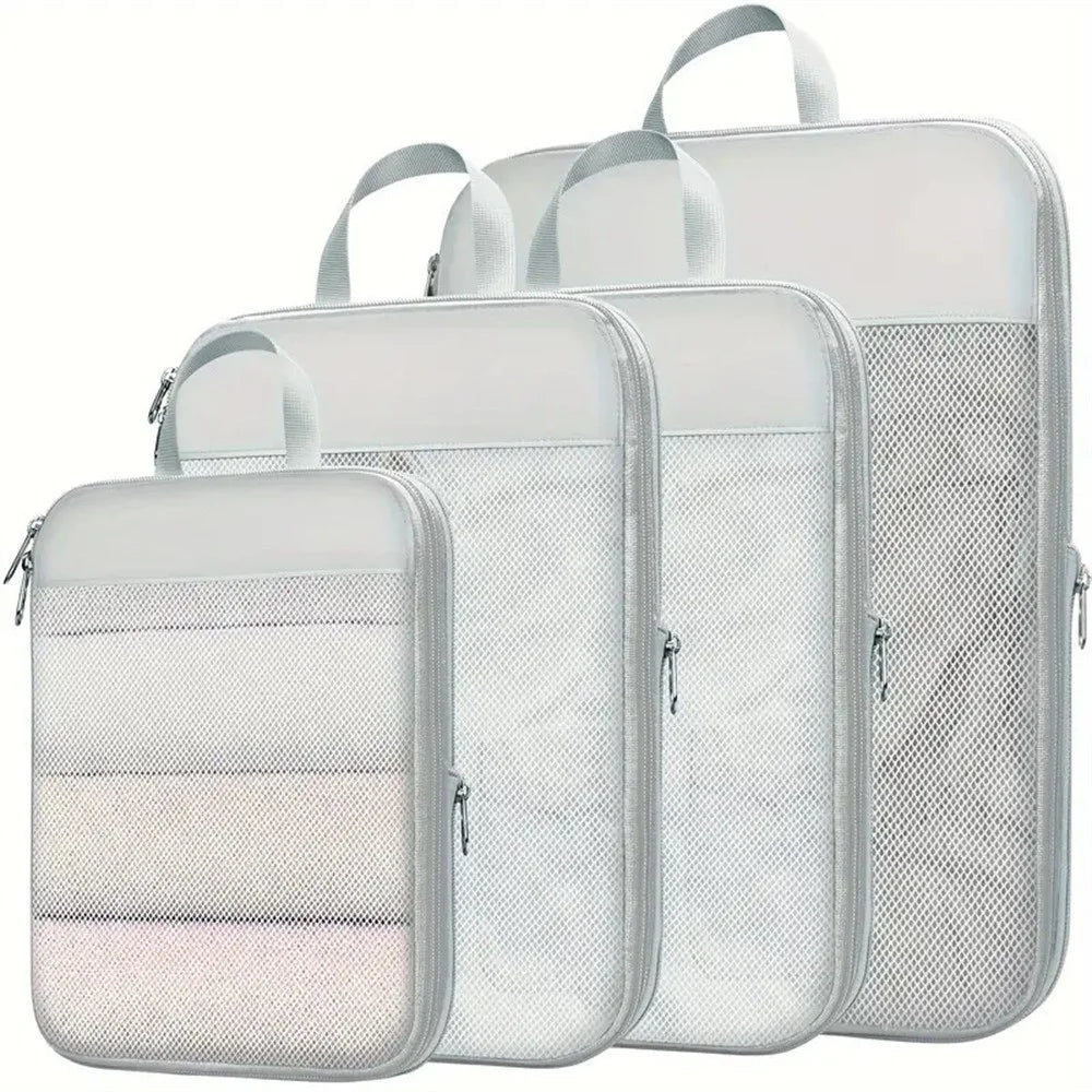 4 PCS Nylon Packing Cubes Travel Compression Organizer Bags Large Capacity Luggage Storage Set - Light Grey - 1