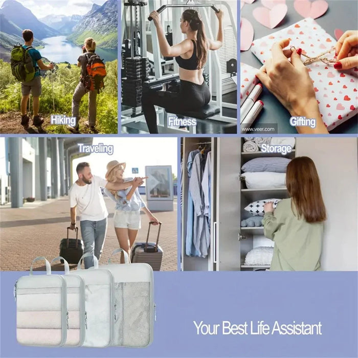 4 PCS Nylon Packing Cubes Travel Compression Organizer Bags Large Capacity Luggage Storage Set - Light Grey - 7