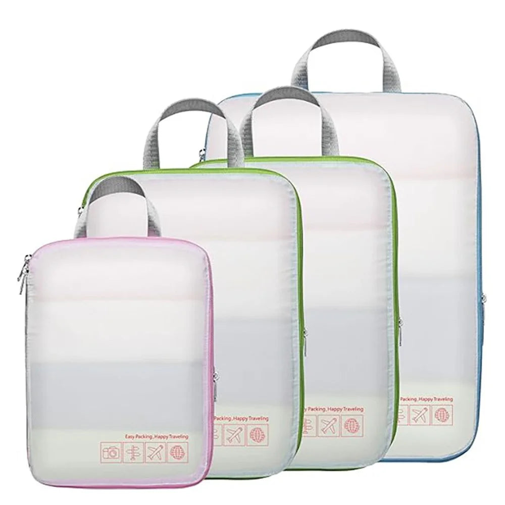 4 PCS Set Travel Packing Cubes Nylon Compression Organizer Luggage Storage Bags with Handle - White - 1