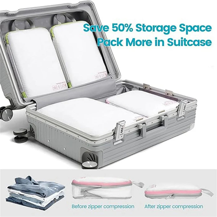 4 PCS Set Travel Packing Cubes Nylon Compression Organizer Luggage Storage Bags with Handle - White - 4
