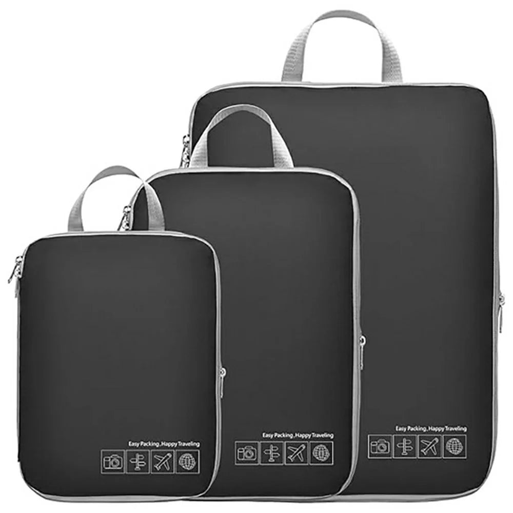 3 PCS Set Travel Packing Cubes Nylon Clothing Storage Bags Portable Luggage Organizer Compression - Black - 1