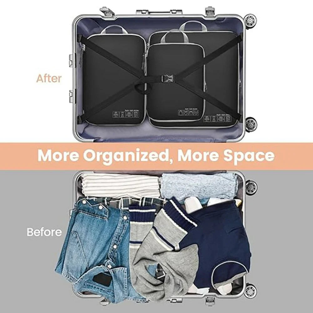 3 PCS Set Travel Packing Cubes Nylon Clothing Storage Bags Portable Luggage Organizer Compression - Black - 2
