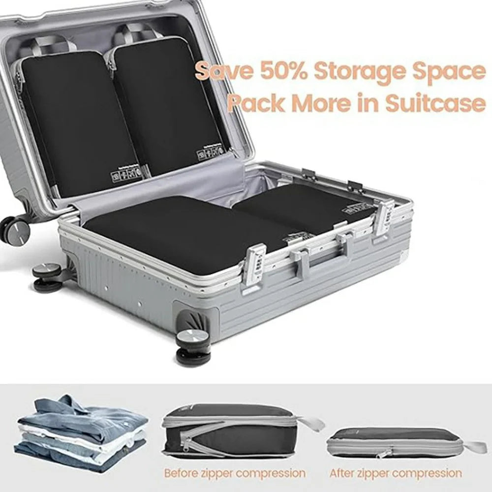 3 PCS Set Travel Packing Cubes Nylon Clothing Storage Bags Portable Luggage Organizer Compression - Black - 5