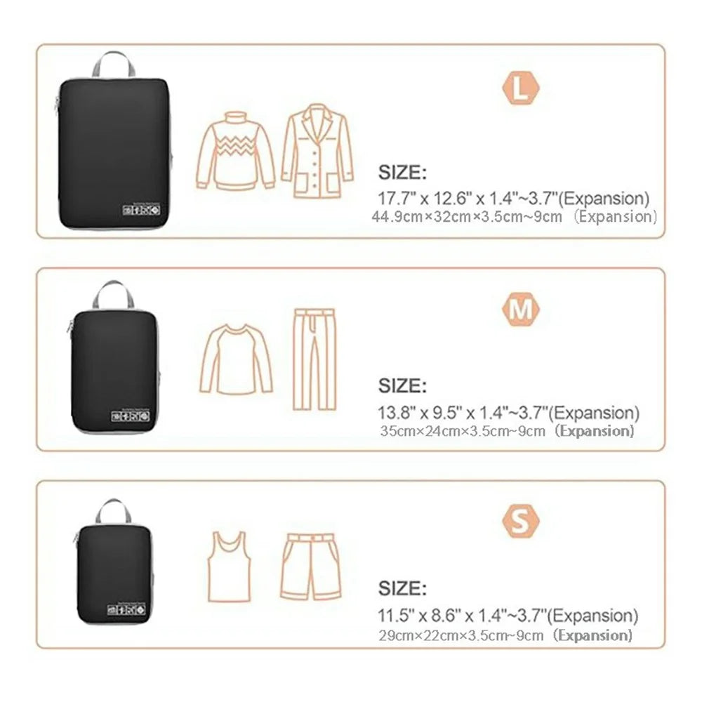 3 PCS Set Travel Packing Cubes Nylon Clothing Storage Bags Portable Luggage Organizer Compression - Black - 6