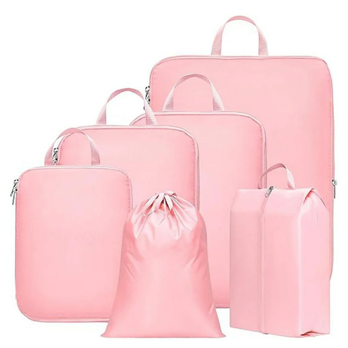 6 PCS Set Travel Packing Cubes Compression Organizer Waterproof Nylon Storage Bags with Handle - Pink - 1