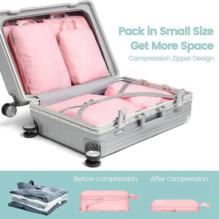 6 PCS Set Travel Packing Cubes Compression Organizer Waterproof Nylon Storage Bags with Handle - Pink - 3
