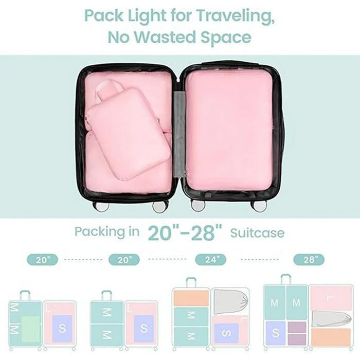6 PCS Set Travel Packing Cubes Compression Organizer Waterproof Nylon Storage Bags with Handle - Pink - 5