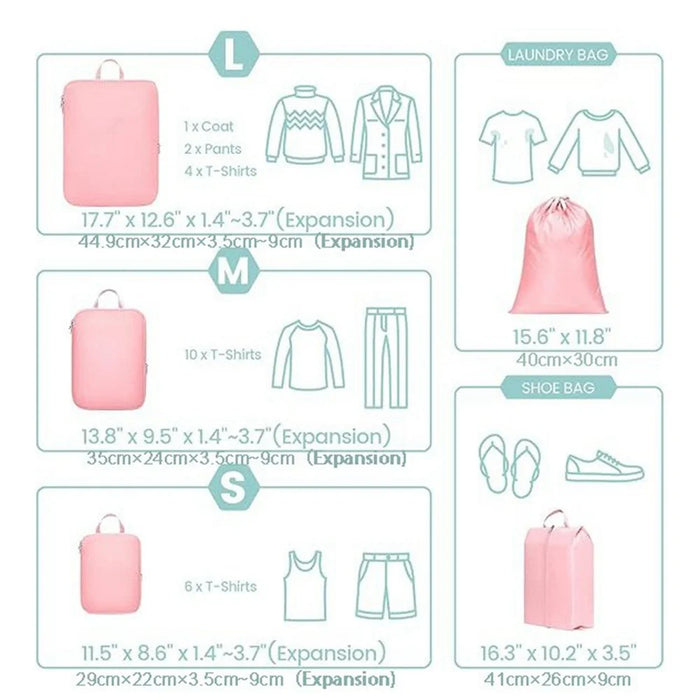 6 PCS Set Travel Packing Cubes Compression Organizer Waterproof Nylon Storage Bags with Handle - Pink - 6