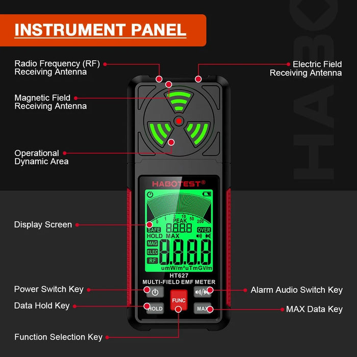 HABOTEST HT627 LCD Display EMF Detector 3-Axis Magnetic Electric RF Field Radiation Meter (without Battery) - Black - 4