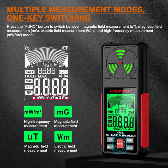 HABOTEST HT627 LCD Display EMF Detector 3-Axis Magnetic Electric RF Field Radiation Meter (without Battery) - Black - 6