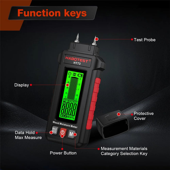 HABOTEST HT73 Wood Moisture Meter Digital Humidity Detector for Wood Paper Board (without Battery) - Black - 2