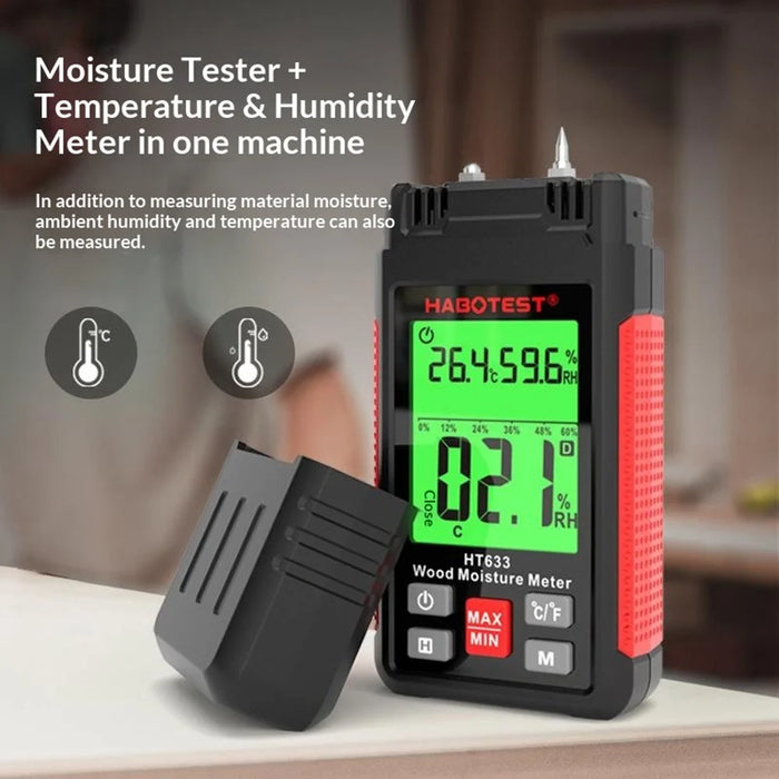 HABOTEST HT633 Probe Type Wood Moisture Meter 7 Materials Detection Temperature Humidity Tester (without Battery) - Black - 2
