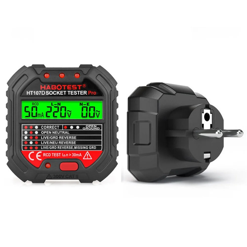 HABOTEST HT107D Socket Tester AC 90-250V RCD Test Socket Detector for Home Safety, EU Plug - Black - 1