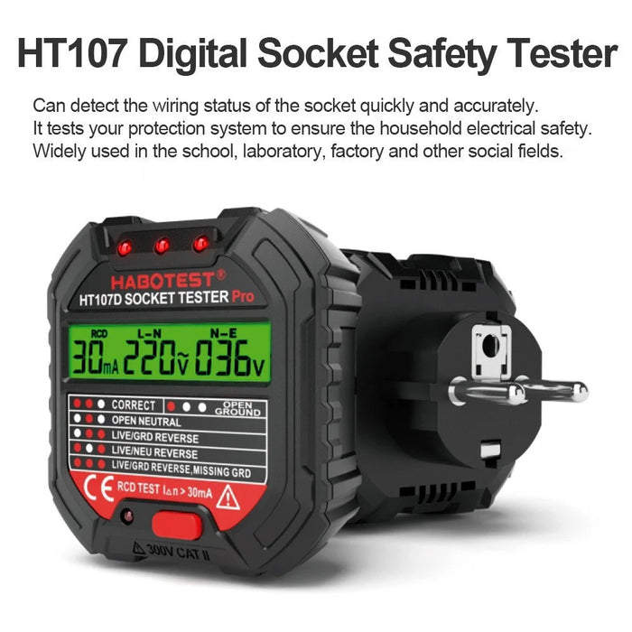 HABOTEST HT107D Socket Tester AC 90-250V RCD Test Socket Detector for Home Safety, EU Plug - Black - 2