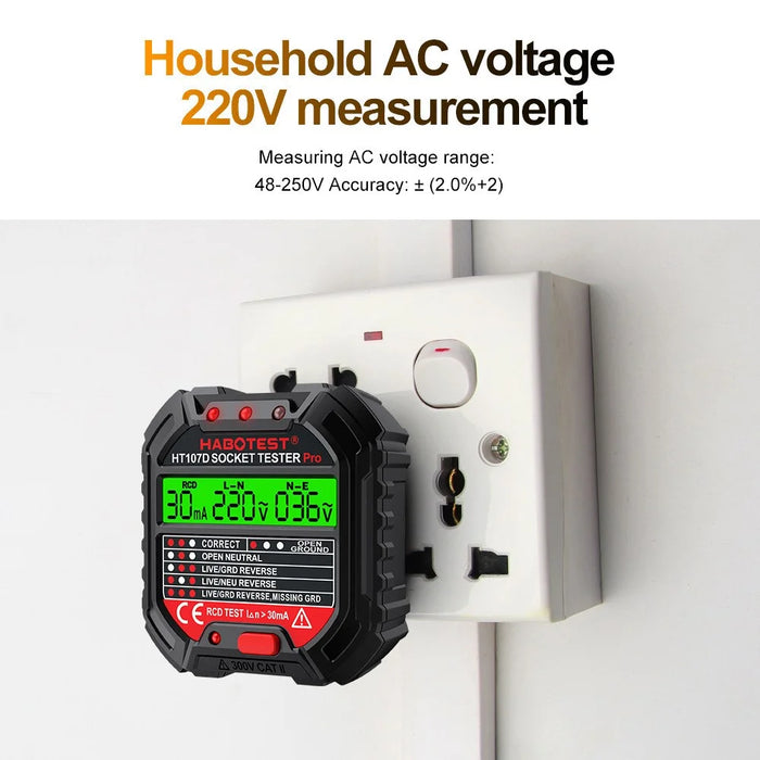 HABOTEST HT107D Socket Tester AC 90-250V RCD Test Socket Detector for Home Safety, EU Plug - Black - 4