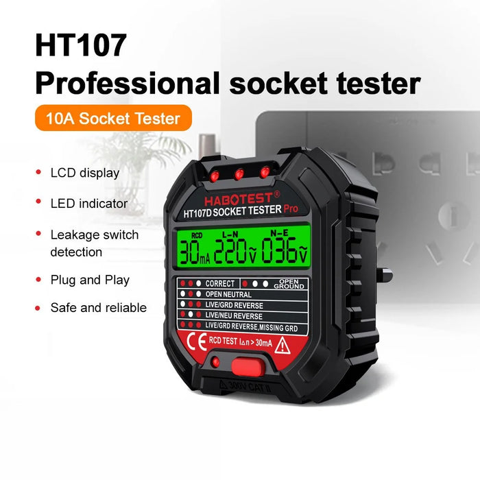 HABOTEST HT107D Socket Tester AC 90-250V RCD Test Socket Detector for Home Safety, EU Plug - Black - 5