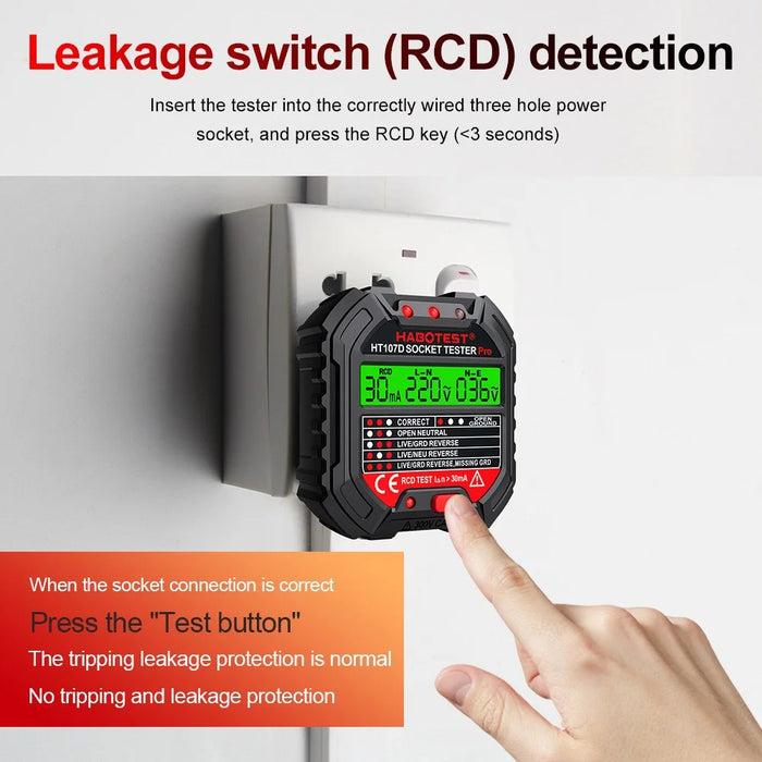 HABOTEST HT107D Socket Tester AC 90-250V RCD Test Socket Detector for Home Safety, EU Plug - Black - 6