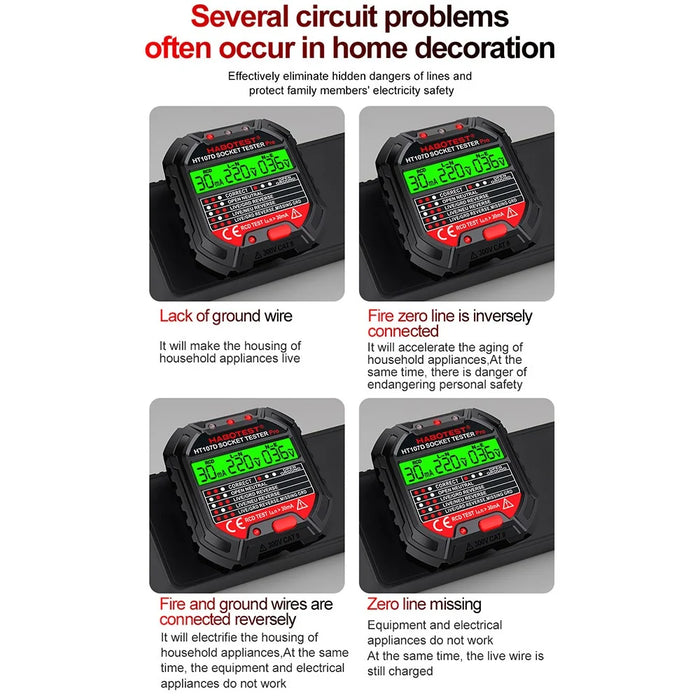 HABOTEST HT107D Socket Tester AC 90-250V RCD Test Socket Detector for Home Safety, EU Plug - Black - 7