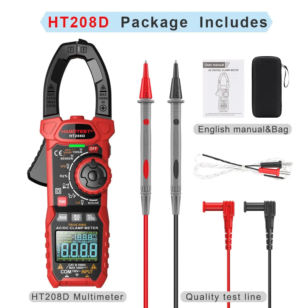 HABOTEST HT208D 1000A AC / DC Digital Clamp Meter True RMS Pliers Multimeter (without Battery) - Black / Red - 7