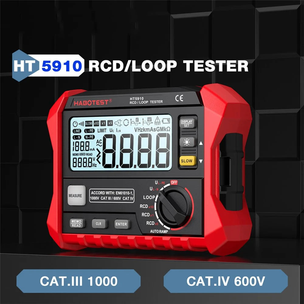 HABOTEST HT5910 RCD Loop Resistance Tester 4.7inch LCD Digital 1000V CAT III Tester (without Battery) - Black / Red - 2