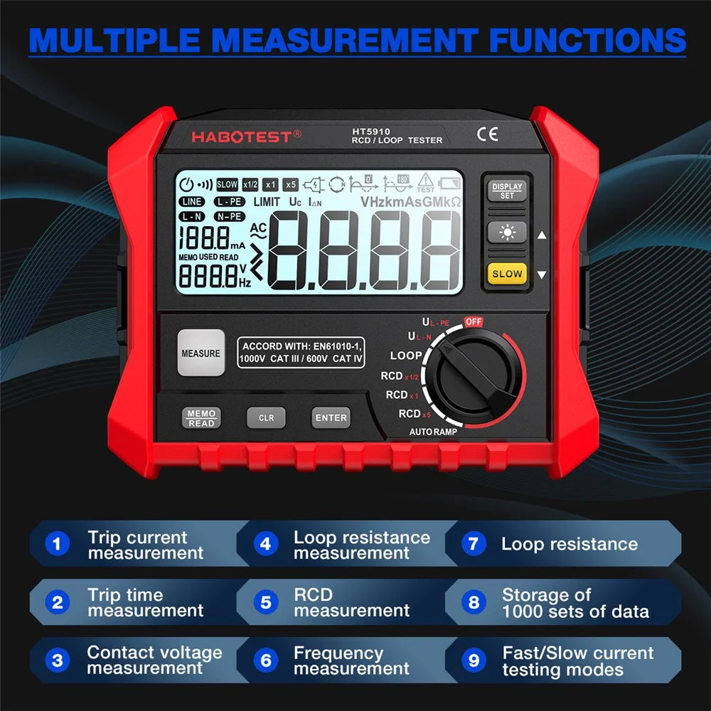 HABOTEST HT5910 RCD Loop Resistance Tester 4.7inch LCD Digital 1000V CAT III Tester (without Battery) - Black / Red - 6