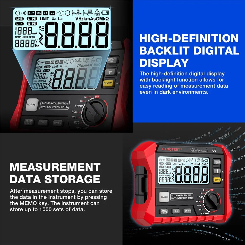 HABOTEST HT5910 RCD Loop Resistance Tester 4.7inch LCD Digital 1000V CAT III Tester (without Battery) - Black / Red - 7