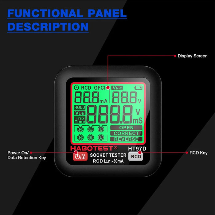 HABOTEST HT97D Digital Socket Tester Multimeter RCD Leakage Phase Sequence Detector for Electrical - Black - 5