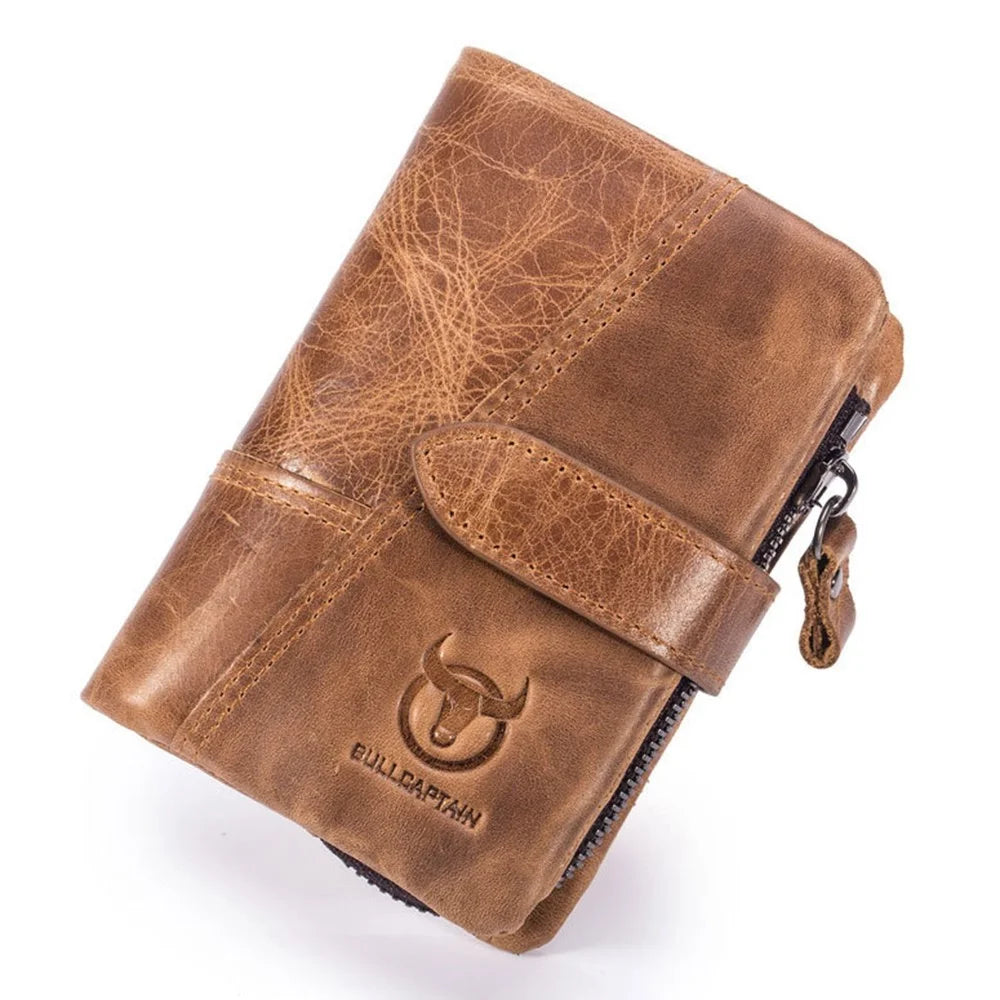 BULLCAPTAIN 01 Vertical Top Layer Cowhide Men Wallet Detachable Zipper Pocket Design Coins Cards Cash Holder Bag - Brown - 1