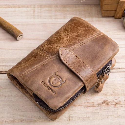 BULLCAPTAIN 01 Vertical Top Layer Cowhide Men Wallet Detachable Zipper Pocket Design Coins Cards Cash Holder Bag - Brown - 2