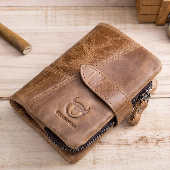 BULLCAPTAIN 01 Vertical Top Layer Cowhide Men Wallet Detachable Zipper Pocket Design Coins Cards Cash Holder Bag - Brown - 2