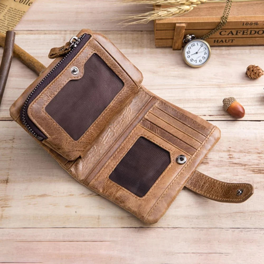 BULLCAPTAIN 01 Vertical Top Layer Cowhide Men Wallet Detachable Zipper Pocket Design Coins Cards Cash Holder Bag - Brown - 3