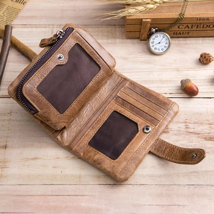 BULLCAPTAIN 01 Vertical Top Layer Cowhide Men Wallet Detachable Zipper Pocket Design Coins Cards Cash Holder Bag - Brown - 3