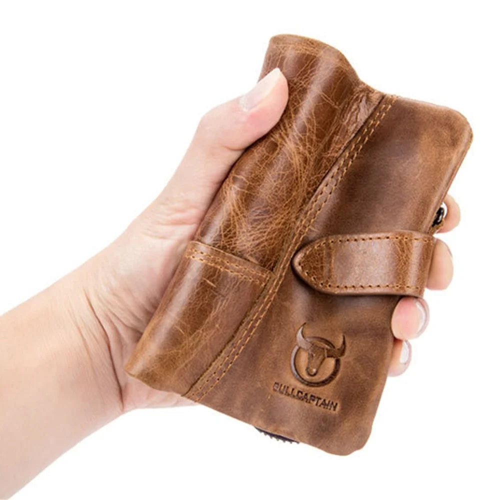 BULLCAPTAIN 01 Vertical Top Layer Cowhide Men Wallet Detachable Zipper Pocket Design Coins Cards Cash Holder Bag - Brown - 5