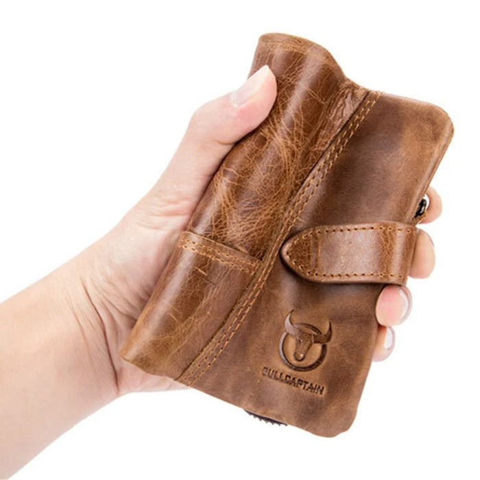 BULLCAPTAIN 01 Vertical Top Layer Cowhide Men Wallet Detachable Zipper Pocket Design Coins Cards Cash Holder Bag - Brown - 5