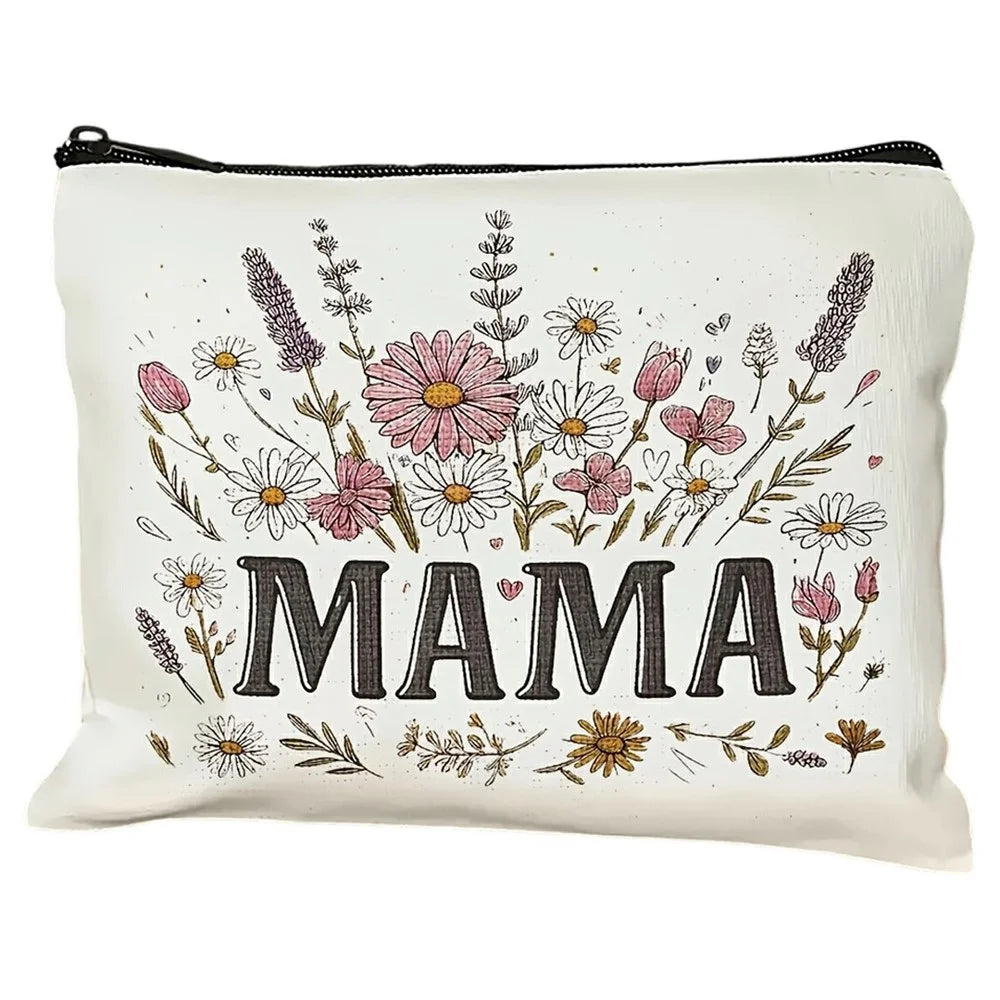 Portable Canvas Makeup Bag Letter MAMA Floral Pattern Cosmetic Pouch Travel Toiletry Organizer - 1