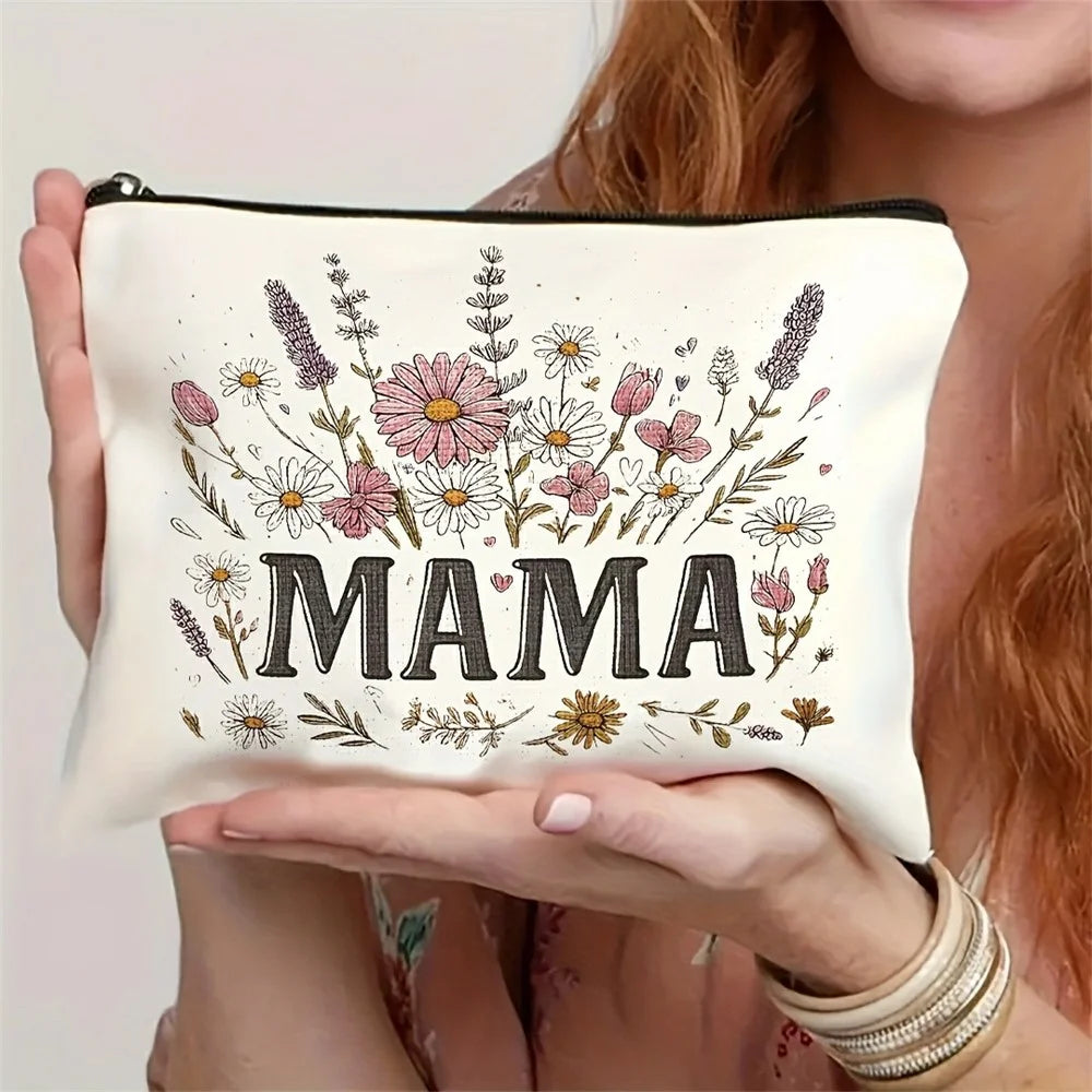 Portable Canvas Makeup Bag Letter MAMA Floral Pattern Cosmetic Pouch Travel Toiletry Organizer - 3