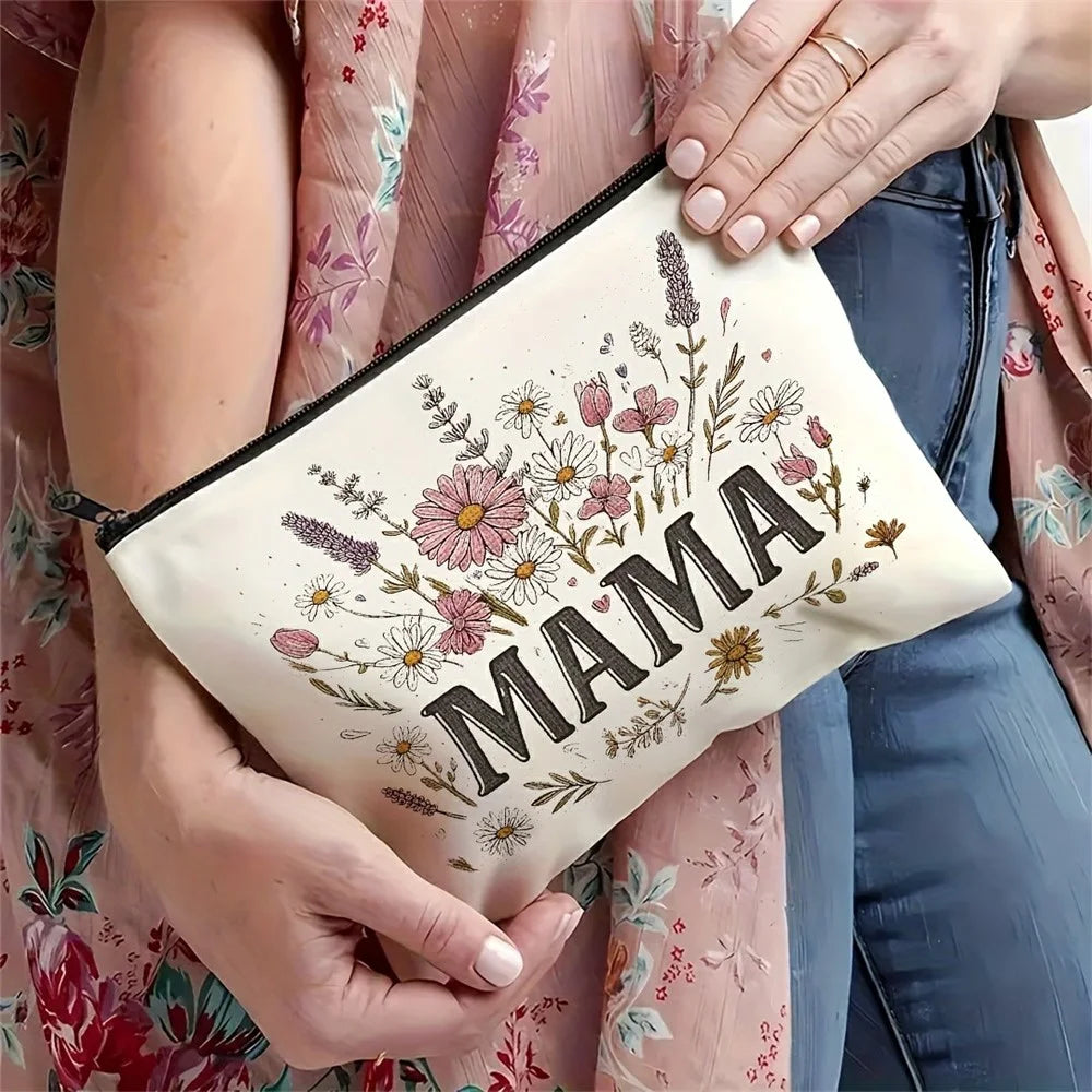 Portable Canvas Makeup Bag Letter MAMA Floral Pattern Cosmetic Pouch Travel Toiletry Organizer - 4