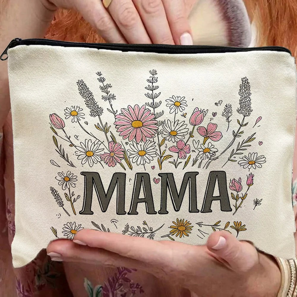 Portable Canvas Makeup Bag Letter MAMA Floral Pattern Cosmetic Pouch Travel Toiletry Organizer - 5