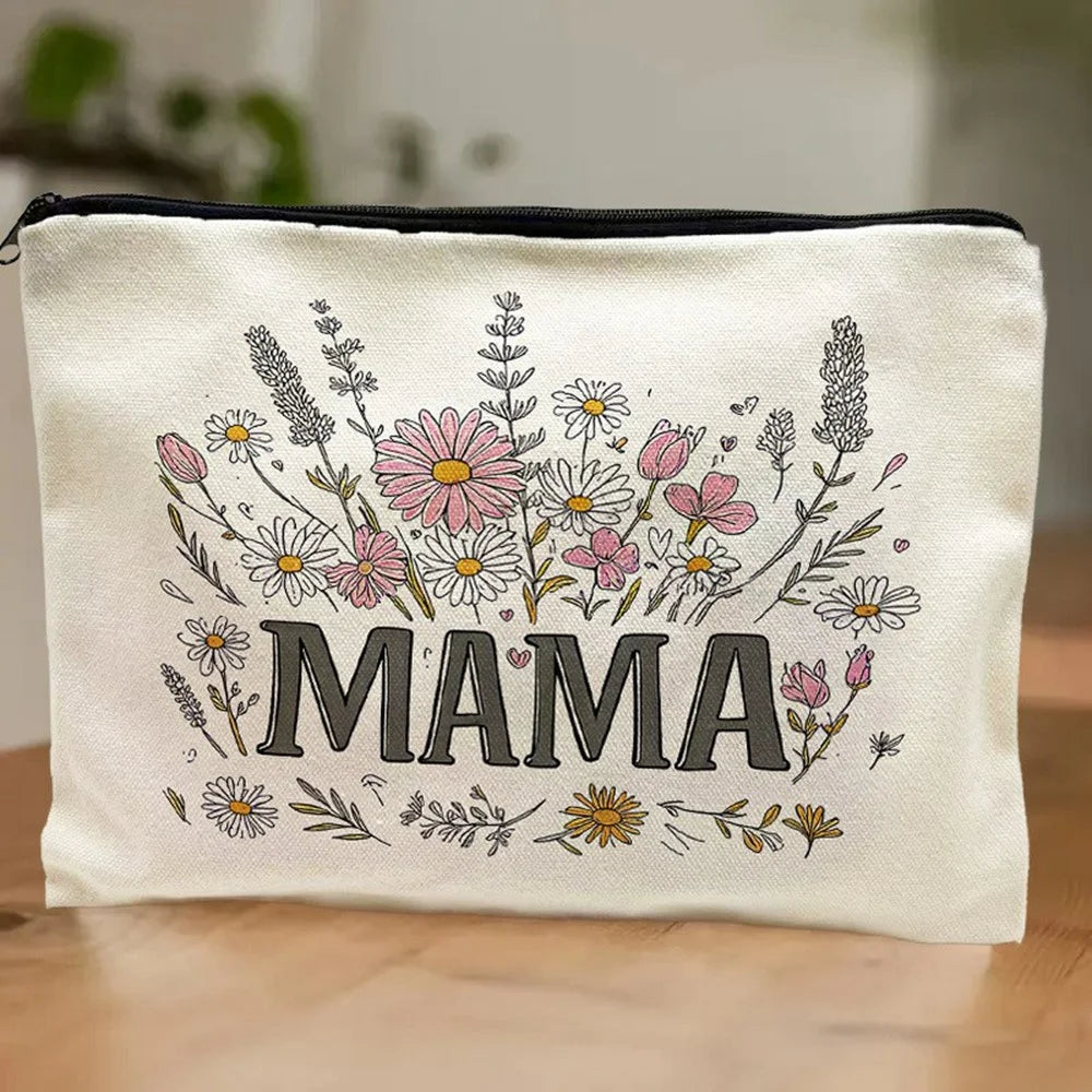 Portable Canvas Makeup Bag Letter MAMA Floral Pattern Cosmetic Pouch Travel Toiletry Organizer - 6