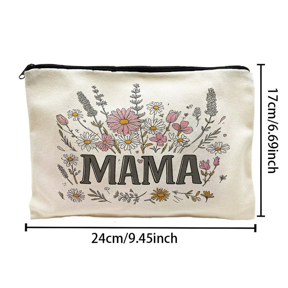 Portable Canvas Makeup Bag Letter MAMA Floral Pattern Cosmetic Pouch Travel Toiletry Organizer - 7