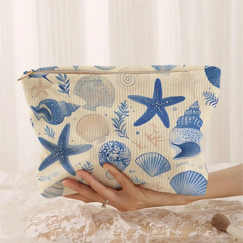 26x18cm Marine Life Print Corduroy Makeup Bag Zipper Cosmetic Pouch Ocean Pattern Organizer - 2