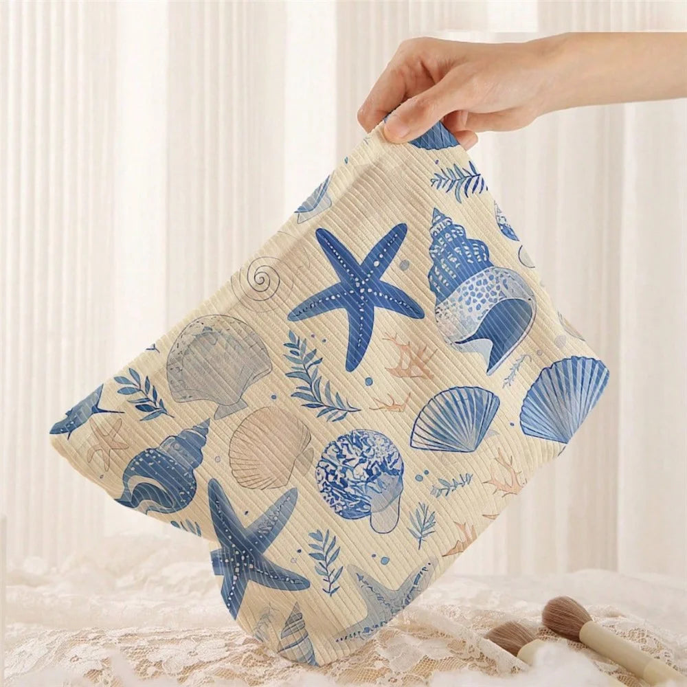 26x18cm Marine Life Print Corduroy Makeup Bag Zipper Cosmetic Pouch Ocean Pattern Organizer - 3