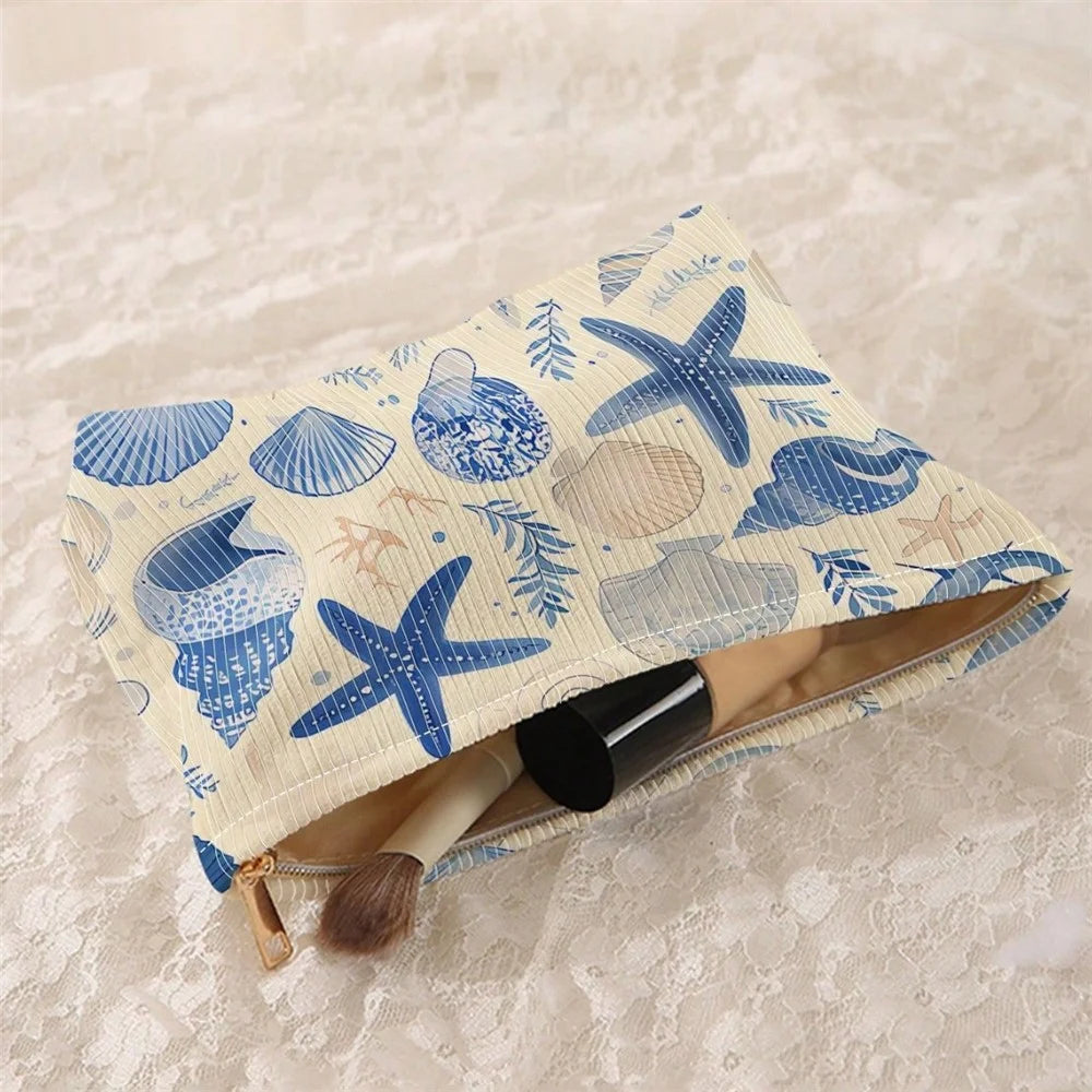 26x18cm Marine Life Print Corduroy Makeup Bag Zipper Cosmetic Pouch Ocean Pattern Organizer - 4
